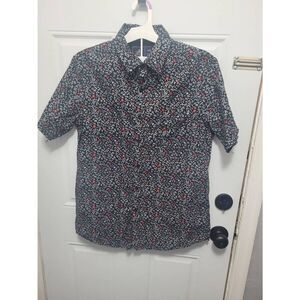 Mens Rugby University shirt Size large button down black floral short sleeve shi